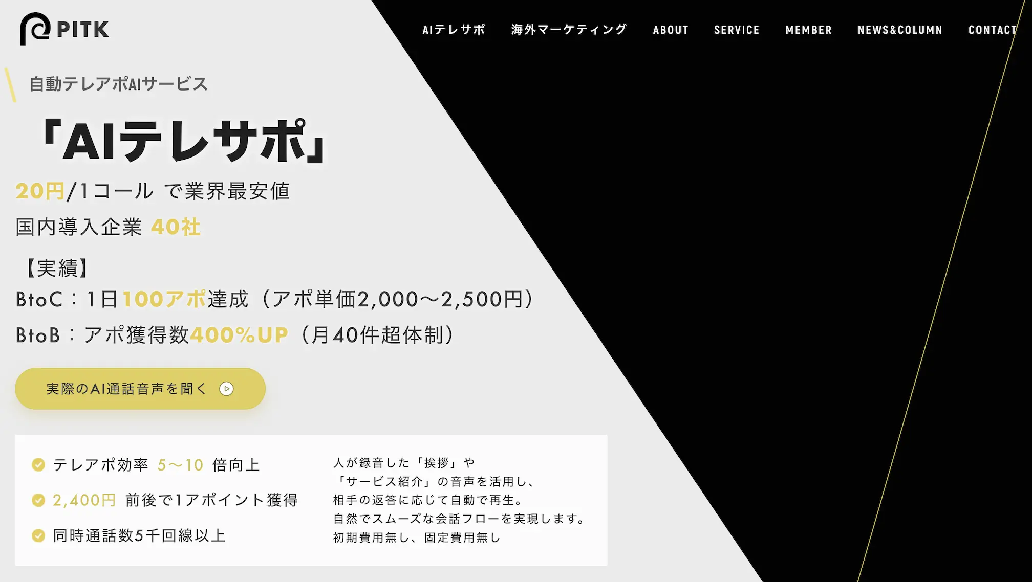 AIテレサポのLPのキャプチャ